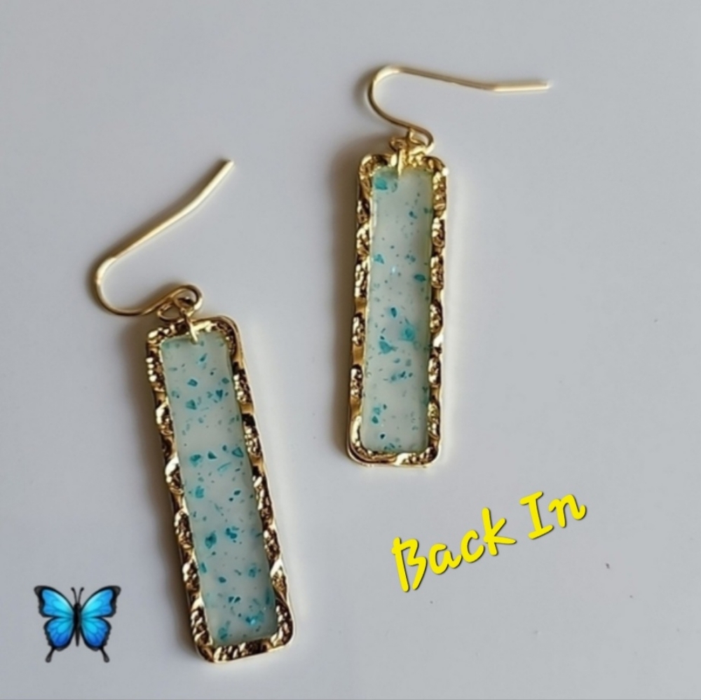 GOLD Framed Acrylic translucent Blue bar SPARKLE earrings
